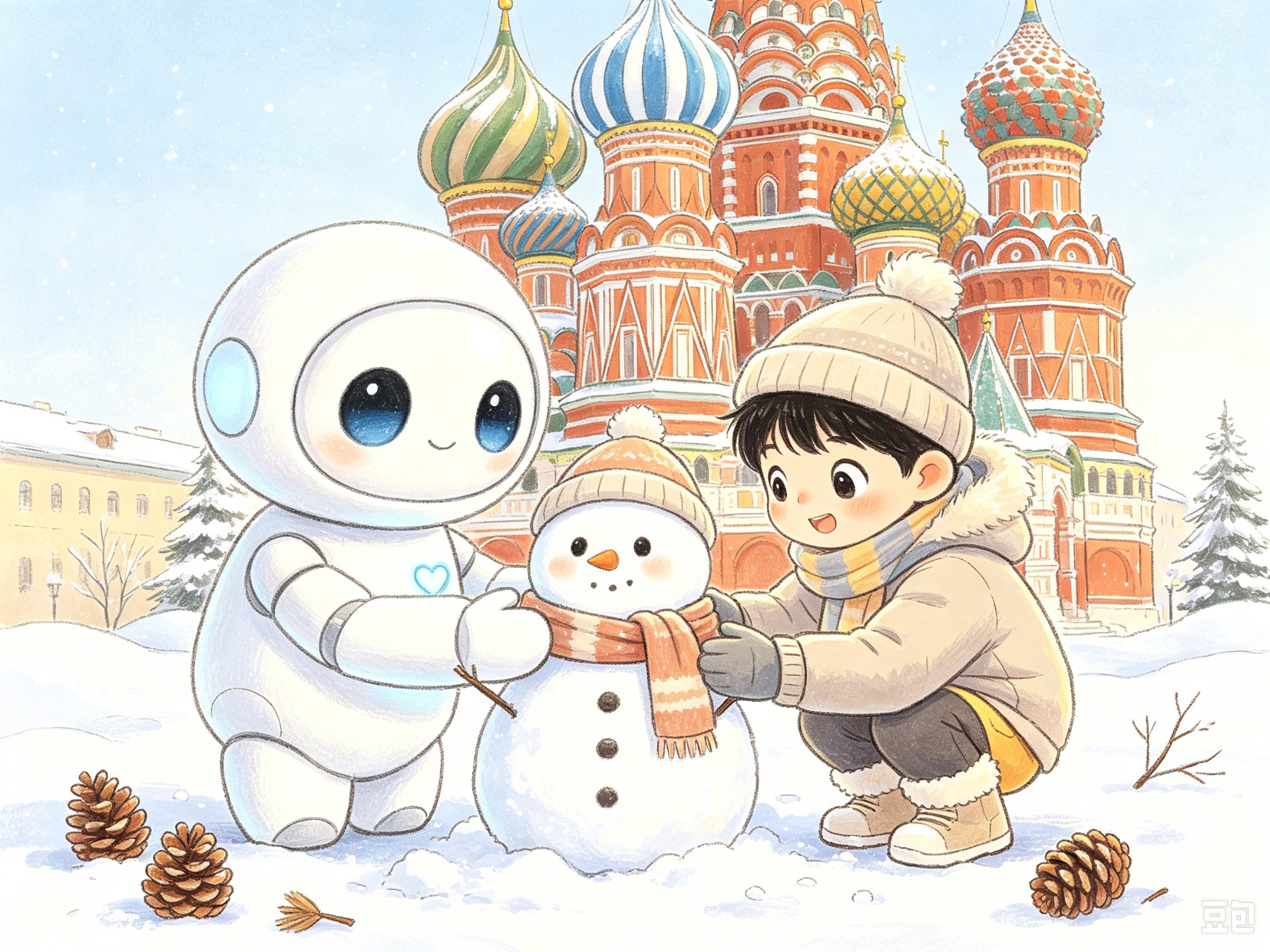 圆圆和我在俄罗斯洋葱头教堂前堆雪人